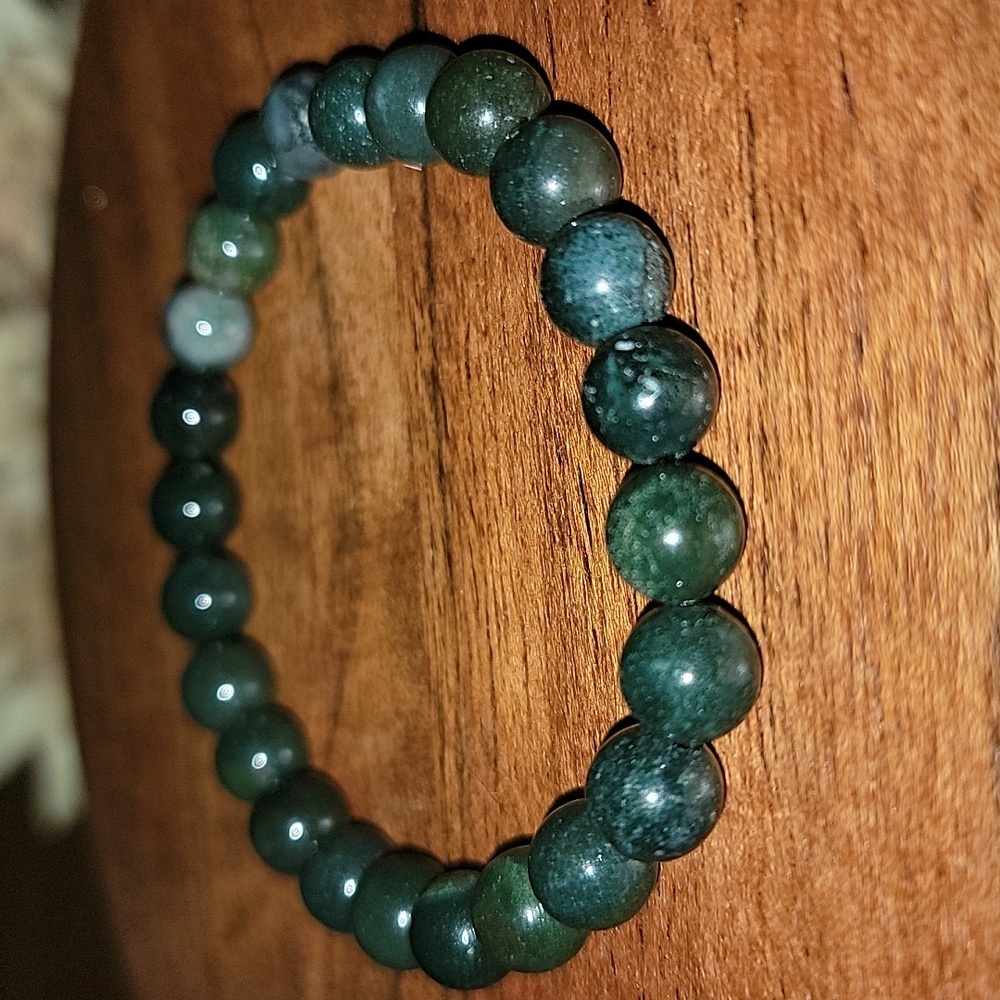 π Hand Crafted Moss Agate Natural Gemstone Stretch Bracelet New Gift - Picture 2 of 3